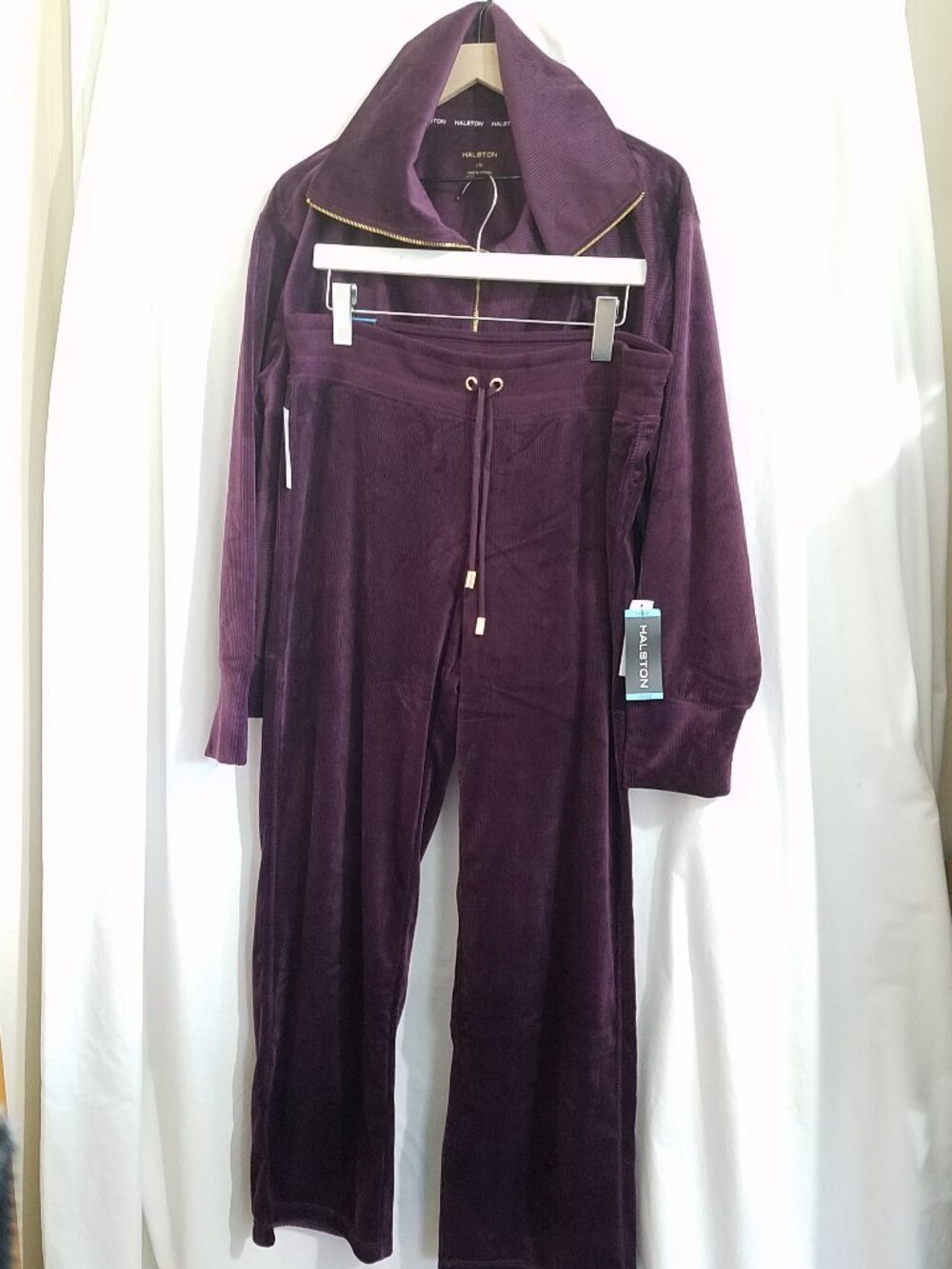 HALSTON Velour 2-Piece Set Women's Large Purple Quarter-Zip Pullover Pants NWT